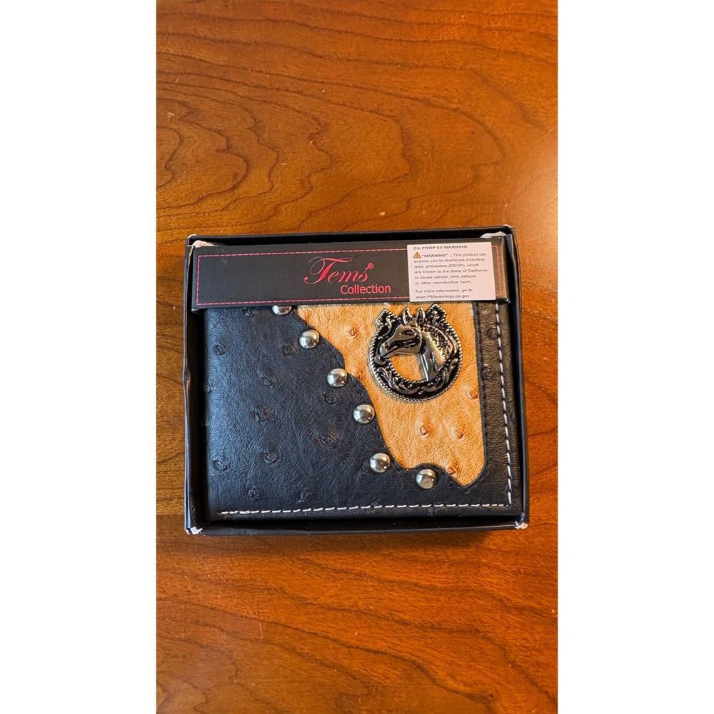 Tems Collection Mens Handcrafted Ostrich Print Western Horse Bifold Wallet New